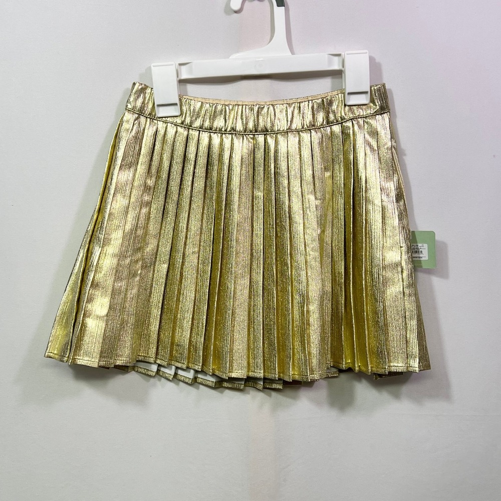 Owillo Girls Gold Metallic Pleated Mini Skirt Holiday Party Disco Lined S NWT
